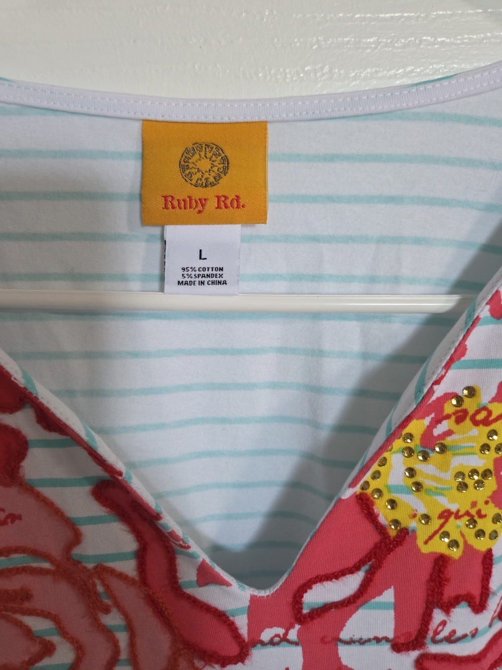 Ruby Rd. Mint-White Striped Long Sleeve Top with Red Floral Accents - Picture 2 of 7